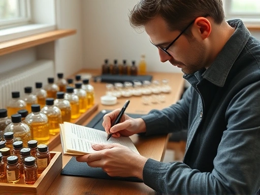 A skilled perfumer meticulously records notes in a leather-bound journal, surrounded by neatly arranged glass bottles of fragrance oils in a well-lit, minimalist studio, embodying precision and craftsmanship for a perfume blending experiment.