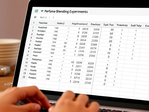 Close-up shot of a digital spreadsheet on a laptop screen, showing detailed columns for perfume blending experiments: ingredient names, ratios, dates, and evaluation scores, with hands typing on the keyboard.
