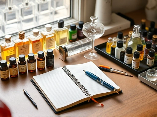 A meticulously organized desk for perfume blending, featuring various small bottles of essential oils, precise measuring tools, a classic notebook and pen for journaling, and a gentle, natural light source, emphasizing the detailed and artistic process of creating fragrances. Keywords: perfume blending, essential oils, journaling, artistic process, detailed.