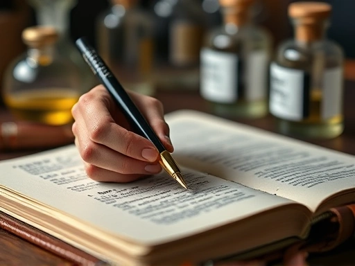 A close-up shot of a hand writing in a leather-bound perfume blending journal, with a blurred background showing various perfumery materials like glass vials and pipettes, capturing the personal and dedicated act of recording olfactory experiments. Keywords: perfume journal, detailed writing, olfactory experiments, leather notebook, perfumery materials.