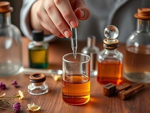Close-up shot of a person's hands holding a glass dropper, mixing different colored liquids in a small beaker, surrounded by elegant perfume bottles and dried flowers on a wooden table, focus on precision and craftsmanship.