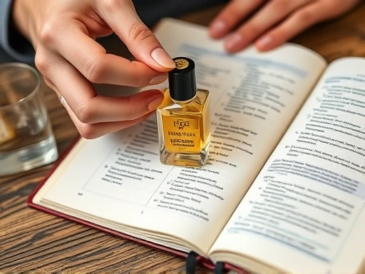 Close-up shot of hands carefully handling tiny bottles of perfume raw materials next to an open notebook with detailed blending notes, highlighting the precision of perfume blending and record keeping.