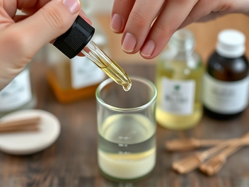 A close-up shot of hands carefully using a dropper to add fragrance oil into a small glass beaker filled with perfume base, emphasizing the precision and delicate nature of the blending process, with blurred background showcasing other DIY kit components.