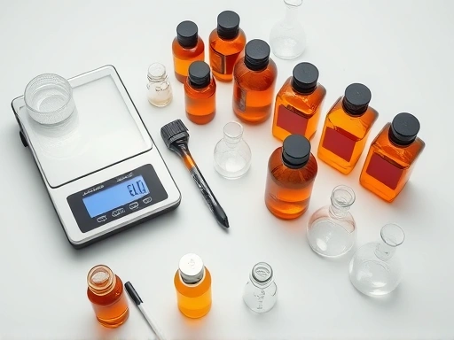 A high-angle, well-lit studio shot of a perfume blending station, showing various small amber bottles of essential oils, a digital scale, pipettes, and small glass beakers. The scene is clean and organized, with a clear focus on the tools and materials used in perfumery. Keywords: perfume blending, fragrance creation, essential oils, laboratory, precision.