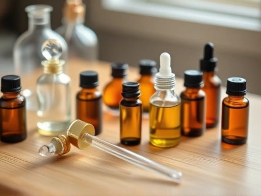 A visually appealing image showcasing various small glass bottles of essential oils, pipettes, and measuring tools on a clean wooden table, emphasizing the precise nature of perfume blending. Soft, natural lighting highlights the amber and clear bottles, with a subtle background blur to focus on the blending elements. Keywords: essential oils, perfume making, blending tools, natural light, glassware, precise measurement.
