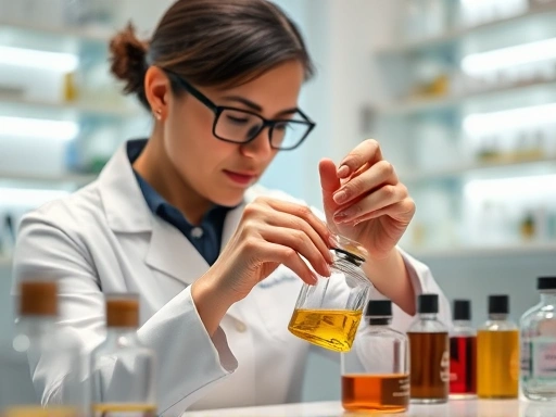 A professional perfumer in a clean, modern lab, meticulously blending essential oils for a new scent. The scene should convey expertise and artistic precision, highlighting the delicate process of perfume creation. Focus on hands and instruments.