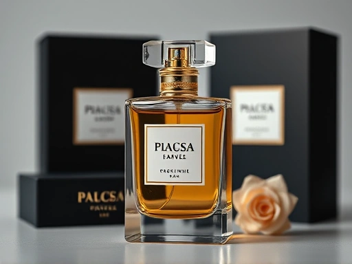 A close-up of a beautifully designed perfume bottle with elegant packaging, artfully arranged on a minimalist background. Emphasize the visual appeal and sophistication of a finished fragrance, reflecting portfolio presentation.