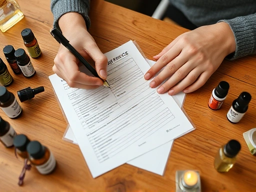 A person meticulously writing in a well-organized perfume blending practice record form on a wooden desk, surrounded by various essential oils and small bottles, emphasizing organized fragrance creation.