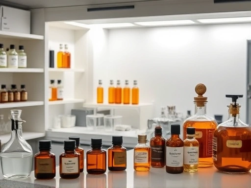 A meticulously organized perfume blending workspace with clear safety signs, a fume hood, and various amber glass bottles, emphasizing clean and safe environment.