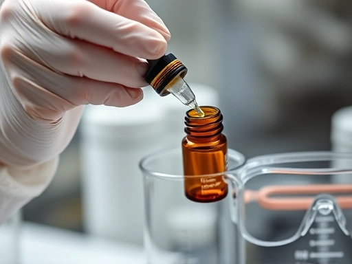 Close-up view of hands wearing nitrile gloves, carefully using a precise pipette to transfer a liquid from a small amber bottle to a beaker, with a safety goggle visible nearby.