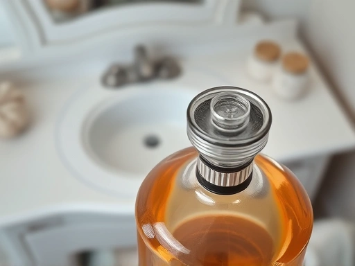 A high-angle shot of a classic perfume bottle with its cap slightly ajar, symbolizing neglect, against a soft, blurred background of a vanity, highlighting the importance of proper cap management.