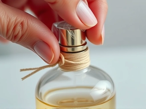 A close-up shot of a perfume bottle with its cap missing, showing a hand carefully covering the opening with plastic wrap and a rubber band, in a soft, diffused light setting.