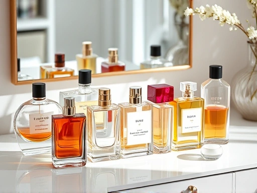 A visually engaging image showing various perfume bottles with different shapes and materials on a modern vanity, highlighting both aesthetic appeal and practical elements, with soft, natural lighting. Keywords: perfume bottle design, aesthetic appeal, practical use, vanity decor, diverse shapes.