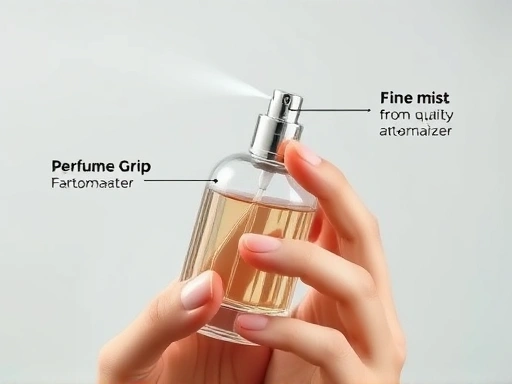 A close-up shot of hands holding an ergonomically designed perfume bottle, showing the grip and the fine mist from the atomizer, emphasizing the user experience. Keywords: ergonomic design, perfume grip, atomizer quality, user experience, fine mist.
