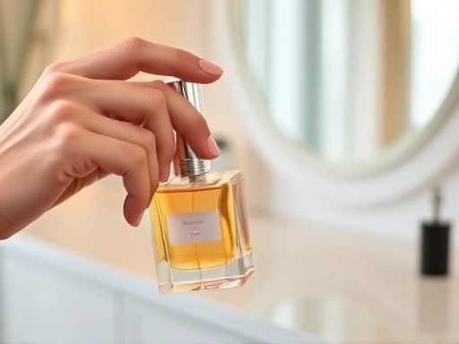 A delicate hand holding a perfume bottle, demonstrating proper spraying technique to prevent nozzle clogging, with a blurred background of a vanity, focused on the nozzle and finger, with elegant lighting.