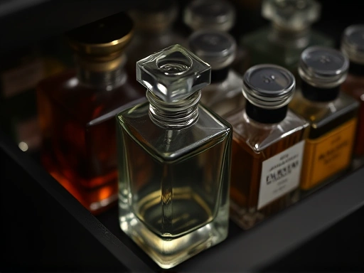 A detail shot of a perfume bottle without a cap, stored neatly in a dark, cool drawer alongside other fragrance bottles, emphasizing secure and organized storage.