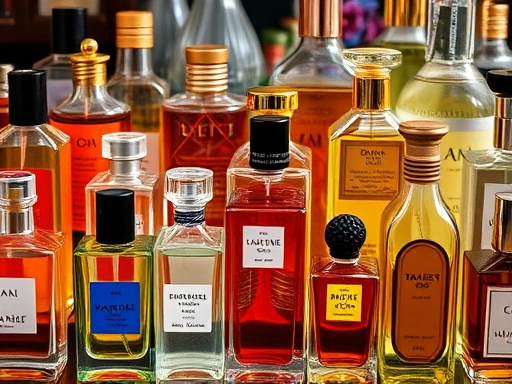 A vibrant collection of diverse perfume bottles, some transparent with clear liquid, others with deep amber or colorful liquids, showcasing the range of perfume aesthetics. Focus on the bottles themselves and the liquid inside.