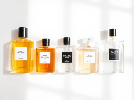 A professional flat lay of various perfume bottles representing different concentrations (Parfum, Eau de Parfum, Eau de Toilette) arranged neatly on a minimalist white table with soft natural light, highlighting the distinct labels.