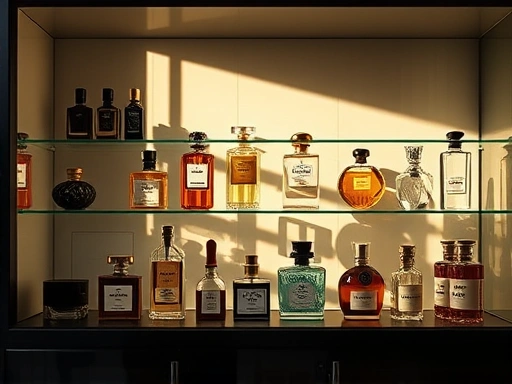 A beautifully arranged display cabinet showcasing various perfume bottles, bathed in soft, natural light, symbolizing the art of perfume collecting, with a focus on elegant aesthetics.