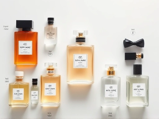 A beautifully arranged flat lay of various perfume bottles with clear labels for Top Note, Middle Note, and Base Note, representing the structure of a fragrance, in a bright and elegant setting, showing a seamless blend of art and science.