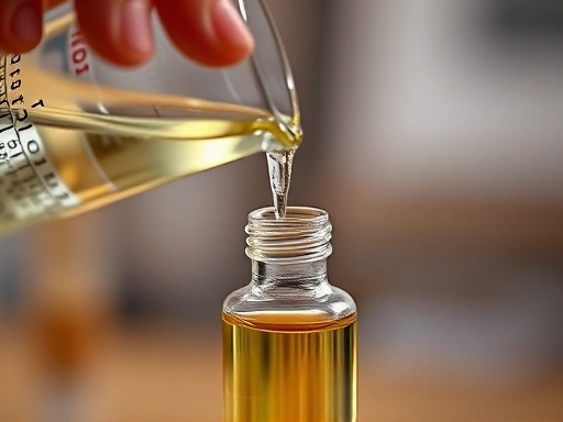 A close-up shot of a hand gently pouring perfumer's alcohol from a measuring beaker into a small, clear perfume bottle containing a fragrance concentrate, with a focus on the precise measurement and the liquid flow, illustrating the dilution process.