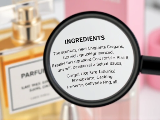 A close-up shot of a perfume bottle and a cosmetic product, clearly showing an ingredient list on the label, with a magnifying glass hovering over it, emphasizing detailed ingredient checking and safety standards for cosmetics and perfumes.