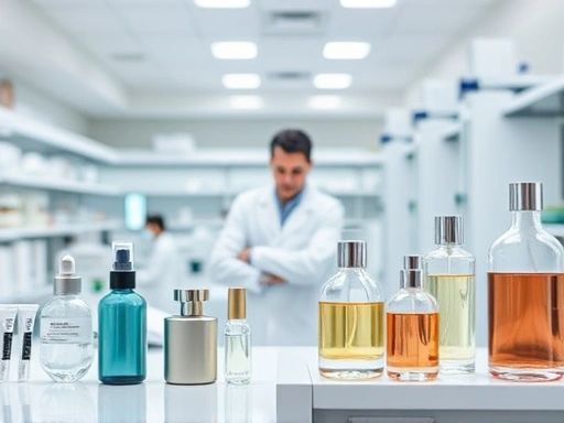 A modern, clean laboratory setting where cosmetic and perfume products are undergoing rigorous safety testing. Focus on white lab coats, scientific equipment, and precise measurements, incorporating keywords like cosmetic safety standards and perfume regulation.