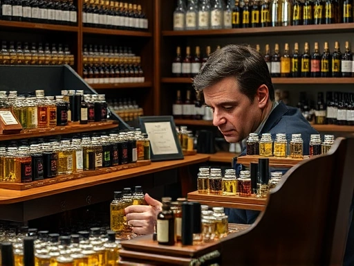 A skilled perfumer meticulously working at a beautifully organized