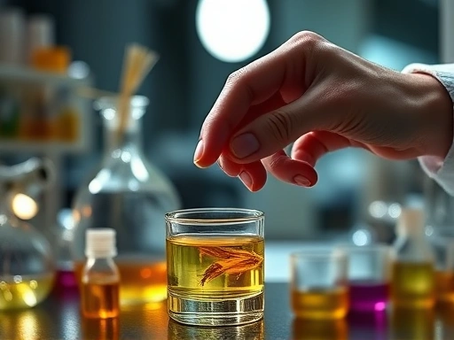 Close-up of a perfumer's hands delicately mixing rare botanical essences in a high-tech laboratory, with glass beakers and artistic light. The scene emphasizes craftsmanship, innovation, and the intricate process of creating a unique scent, focusing on the blend of traditional and modern elements.