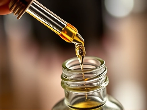 A close-up, macro shot emphasizing the texture and color of perfume liquid being poured from a pipette into a small glass bottle, highlighting the precision and attention to detail required in fragrance blending. The background is softly blurred. Keywords: perfume making, liquid, pipette, bottle, detail, craftsmanship.