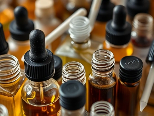 A close-up shot of various small glass bottles containing different aromatic raw materials, some with pipettes, emphasizing the diverse palette of scents available to a perfumer, showing textures and colors of liquids.