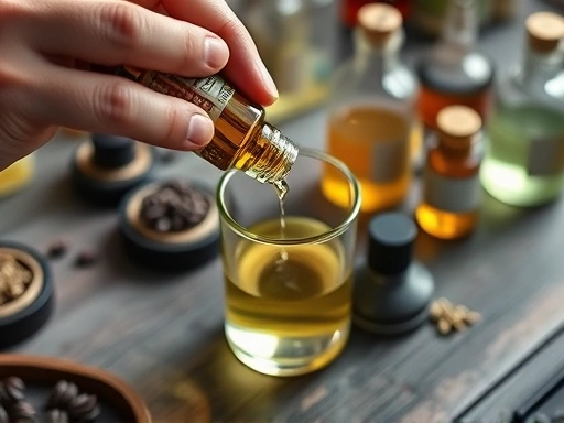 A close-up shot of hands mixing essential oils in a small glass beaker, with various perfume ingredients and tools in the background, conveying the DIY and creative aspect of perfume customization.