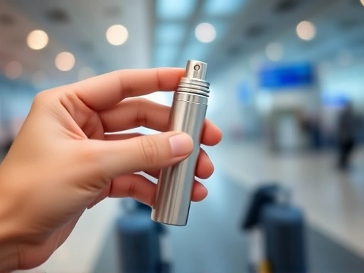 A modern hand holding a sleek, silver travel perfume atomizer, ready to be refilled, with a blurred airport terminal background. Focus on convenience and travel.