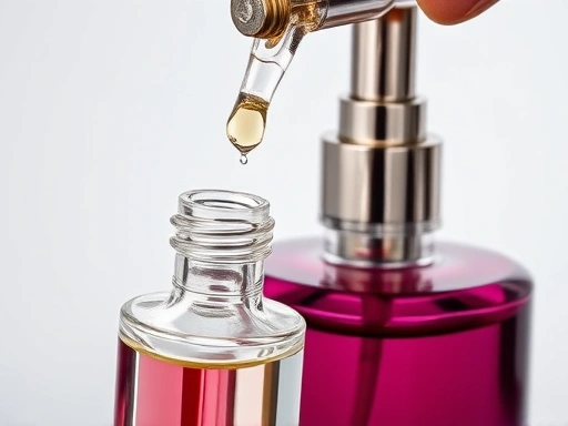Close-up shot of a small, elegant travel perfume bottle being filled from a larger perfume bottle using a pump-fill mechanism, showing liquid transfer.