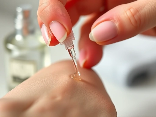 Close-up of a hand carefully applying rubbing alcohol or a light oil on a patch of skin, with a blurred background showing a perfume bottle, focusing on delicate application and liquid texture, perfume neutralization, scent reduction.