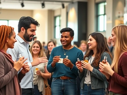 A diverse group of people passionately discussing and sharing perfume bottles in a vibrant, modern community setting, illustrating connection and shared interest. 