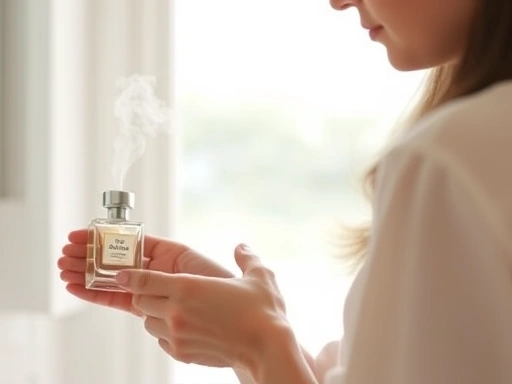 A person gently applying perfume to their wrist in a bright, clean setting, with a focus on the subtle mist and the respectful act of application, embodying considerate perfume use.