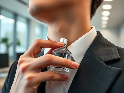 Close-up of a person discreetly spraying perfume on their neck behind a collar, showing a small, elegant perfume bottle in a professional office environment, emphasizing subtlety and discretion.