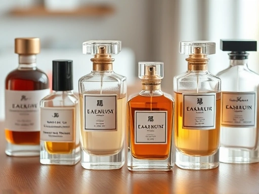 Close-up of various elegant perfume bottles on a clean wooden table, with soft, natural light highlighting their labels and shapes, representing diverse evaluation criteria.