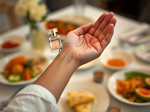 A person applying light perfume on their wrist before a meal, with a blurred background of a dining table with delicious food, emphasizing a delicate and fresh atmosphere, focusing on fragrance application and food pairing, professional photography style, soft lighting.