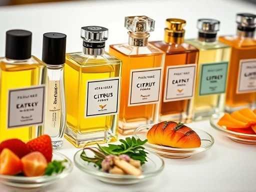 Close-up of various perfume bottles with different scents (citrus, woody, floral) alongside small plates of food (fruits, herbs), illustrating the concept of fragrance selection for dining, detailed and clear focus on bottles and food, elegant and bright lighting.