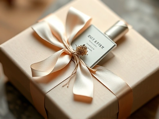 An elegant, beautifully wrapped perfume gift with a satin ribbon and a small dried flower, conveying sophistication and thoughtful presentation.