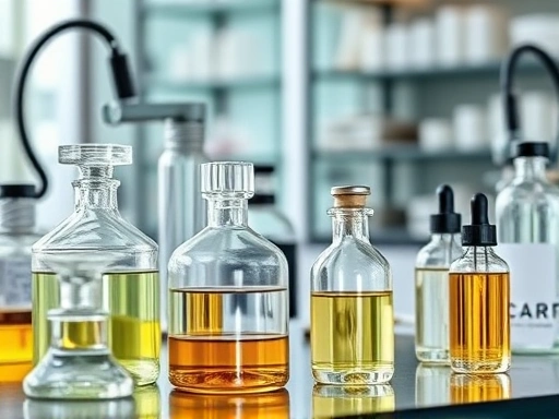 A detailed image showing scientific equipment and glassware in a clean, modern lab setting, with various perfume ingredients in clear bottles, emphasizing the precision and science behind fragrance creation, incorporating keywords like perfume ingredients, lab, science, fragrance development, precise. 