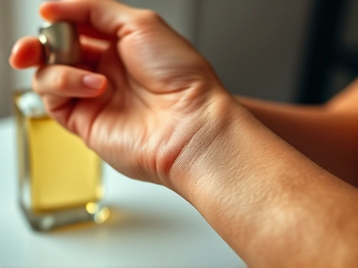 Close-up of hands applying perfume to the wrist, with a focus on the interaction between the skin and the fragrance, implying the importance of scent over color, possibly with a slightly faded or discolored perfume bottle in the background to subtly hint at the topic of aging.