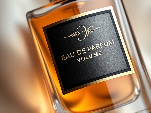 Close-up of a luxurious perfume bottle label with elegant typography, highlighting details like