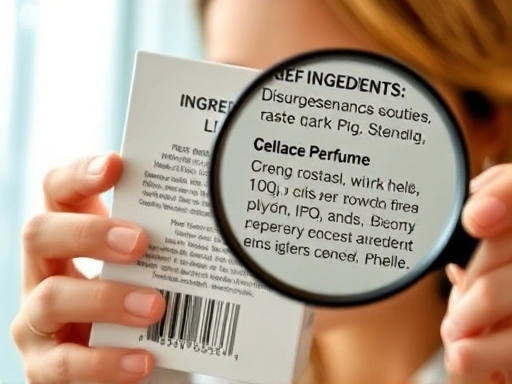 A person carefully reading a small ingredient list on the back of a perfume box, with a magnifying glass to show the intricate details of chemical names and allergens. The setting is bright and analytical. Includes keywords: ingredient list, perfume ingredients, reading, allergens, detailed, close-up.