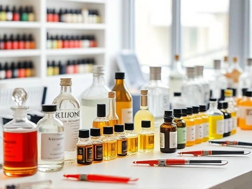 A professional perfumer's workbench with various bottles of alcohol, essential oils, and measuring tools, in a clean, bright setting, highlighting precision and expertise in perfume creation. Focus on diverse ingredients and analytical process.