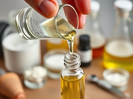 Close-up of a hand carefully pouring a clear liquid, possibly perfumery alcohol or DPG, from a beaker into a small perfume bottle, with a blurred background of various base materials and measuring instruments, emphasizing precision and crafting.