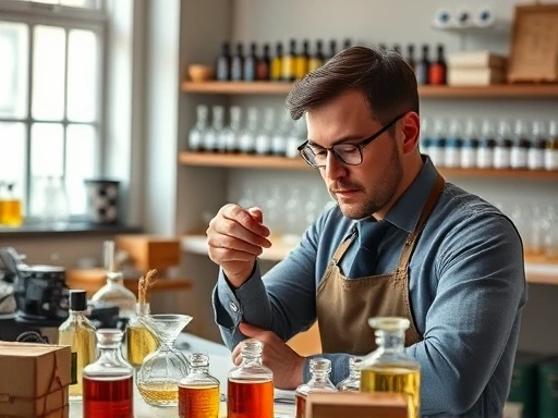 A professional perfumer in a well-lit studio, surrounded by various essential oils and glassware, meticulously blending fragrances, representing guidance and learning.