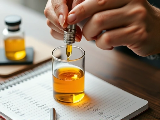 A close-up of a perfumer's hands carefully pipetting an essential oil into a beaker, with a notebook for scent notes nearby, emphasizing precision and the learning process.